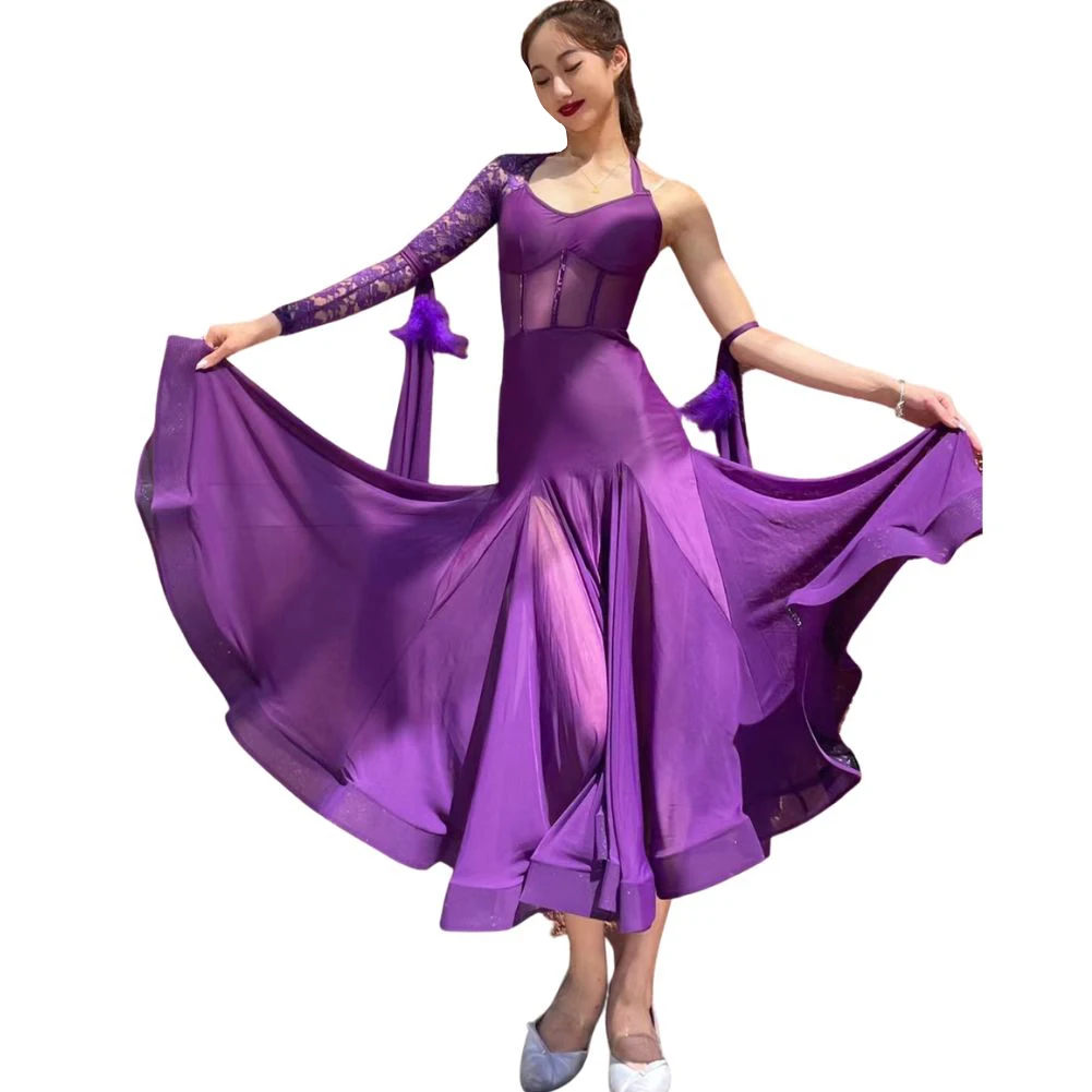 

Waltz Ballroom Competition Dress Standard Dance Performance Stage Costume Women Chiffon Slim Evening Gowns Sexy Single Sleeve