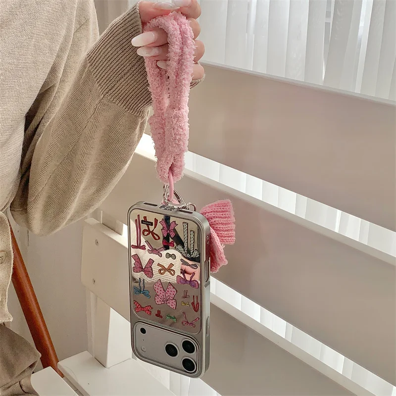 Korean Color Cute Bow Mirror Phone Case For iPhone 17 Pro 16 15 14 Pro Max Cover with Plush Hand Rope Kawaii Cases 17 Promax 16