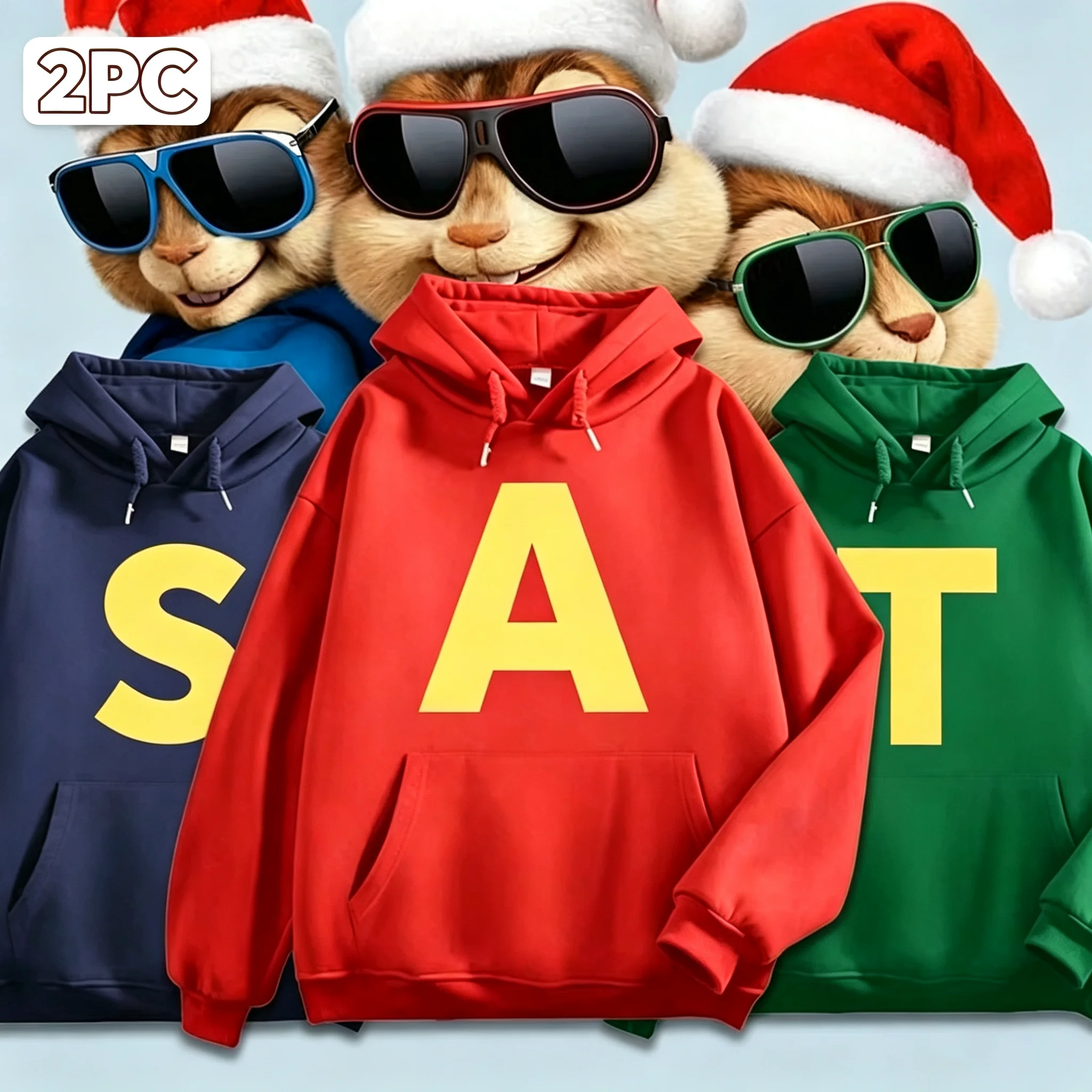 Alvin Chipmunks Cartoon Letter Print Hoodies 2Pcs Unisex Streetwear Casual Eco-Friendly Letter Hooded Sweatshirts For Men Women