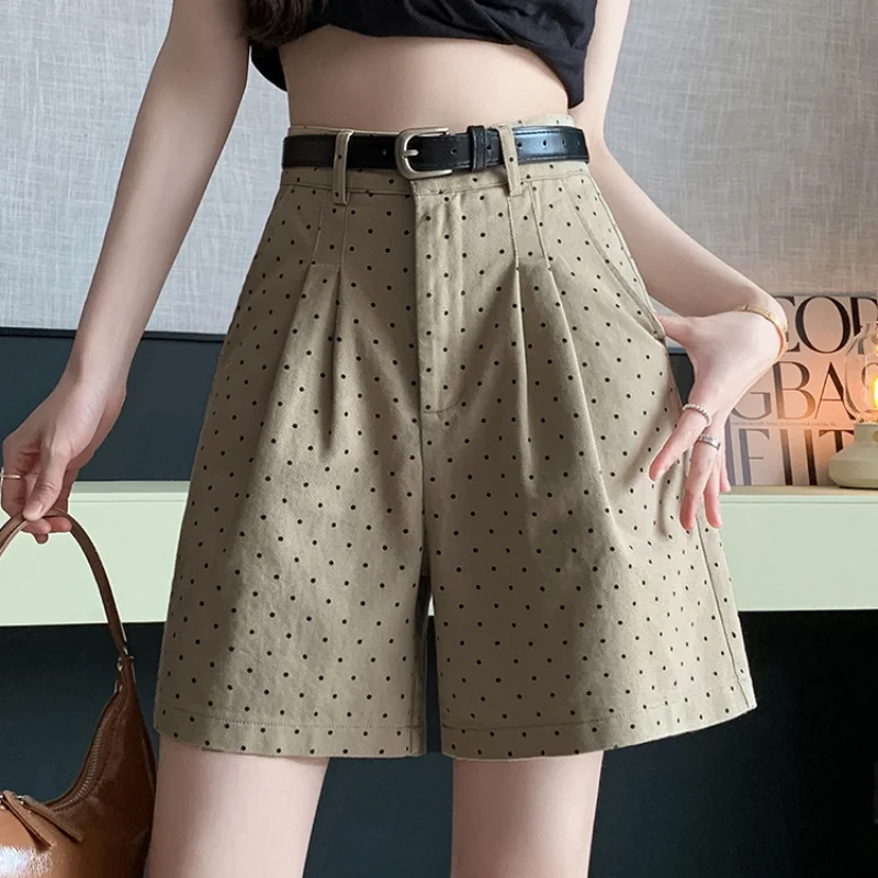 Casual Shorts Women 2024 Summer Retro Polka Dot Wide Leg Shorts Ladies Fashion High Waist A-line Cargo Shorts With Belt