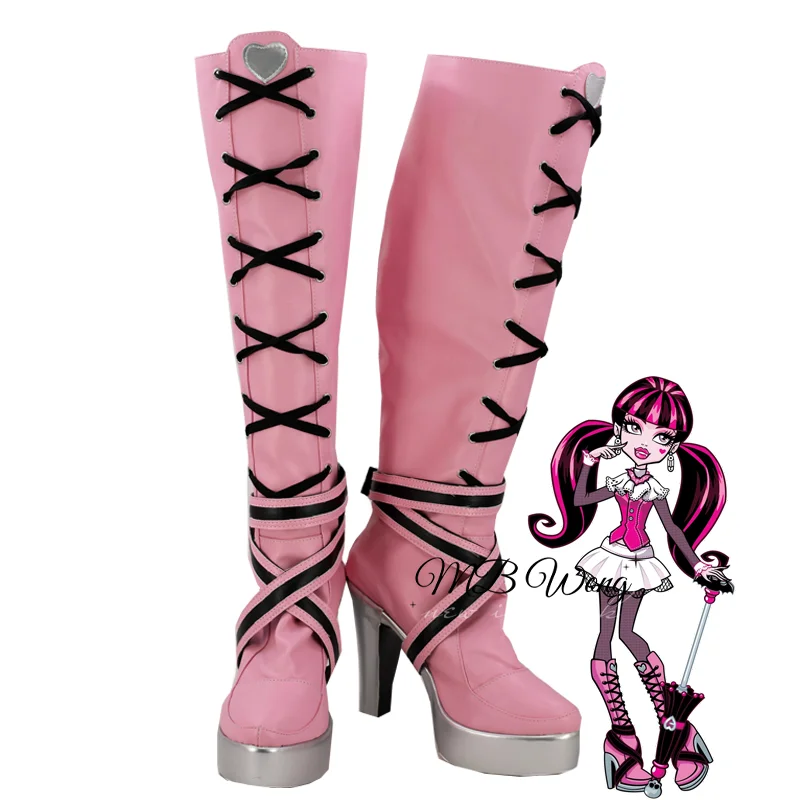 

Anime Monster High Draculaura Cosplay Shoes Boots Pink Long Boot Laura Role Play Uniform Halloween Carnival Party Outfit Props