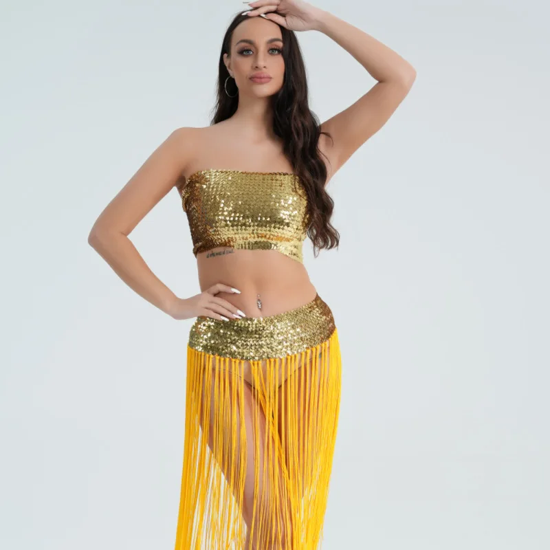 Sexy Sequin Belly Dance Top Bra Belt Set Latin Hip Skirt Party Costume New Dance Tassel Skirt Performance 2 Pieces Set Clothing