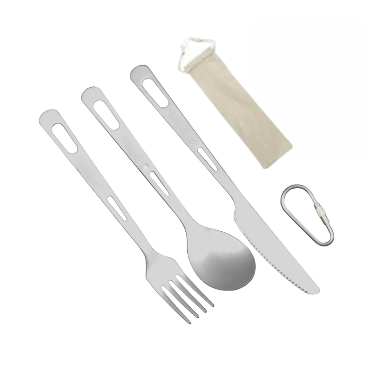 

Titanium 3 Piece Cutlery Set Lightweight Spoon Cutter with Carabiner and Drawstring Sack for Outdoor Camping Hiking Backpacking