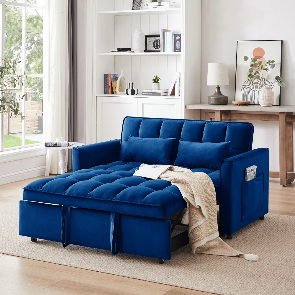 

3-in-1 convertible sofa bed, modern velvet double sofa Futon sofa bed with adjustable back, storage bag and pillow blue