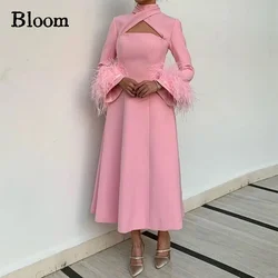 Bloom Pink Crepe Evening Dresses With Feathers Long Sleeves Halter Cut-out Tea Length Simple Party Dresses For Prom Formal Dress