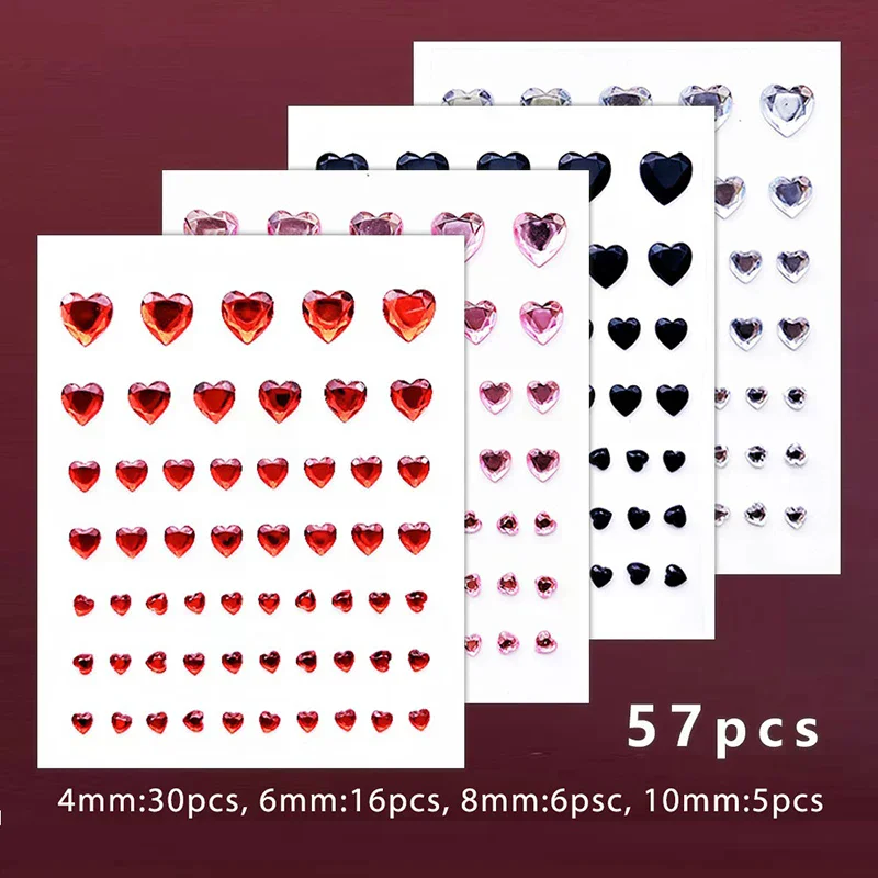 57PCS 3D 57Pcs/Sheet Heart Rhinestone Face Jewels Stickers Multicolor Self-Adhesive Gems for Diy Festival Party Eye Face Makeup