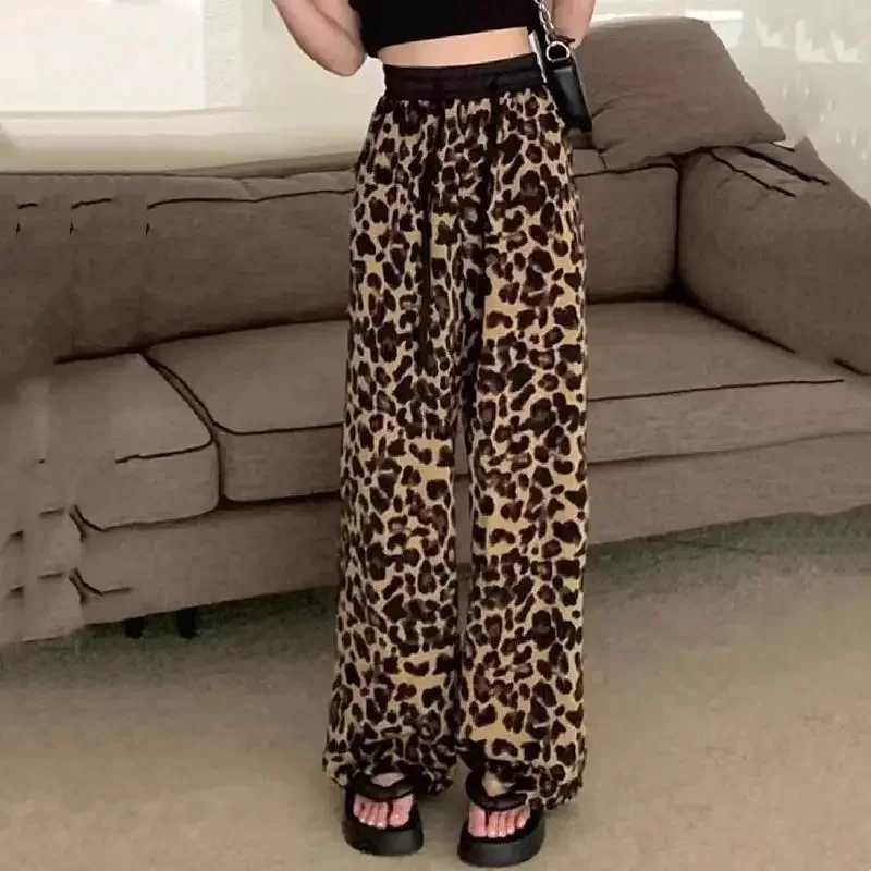 

New Fashion Leopard Ladies Elastic Waist Printing Straight Temperament Wide Leg Pants Spring Autumn Casual Women's Clothing Z597