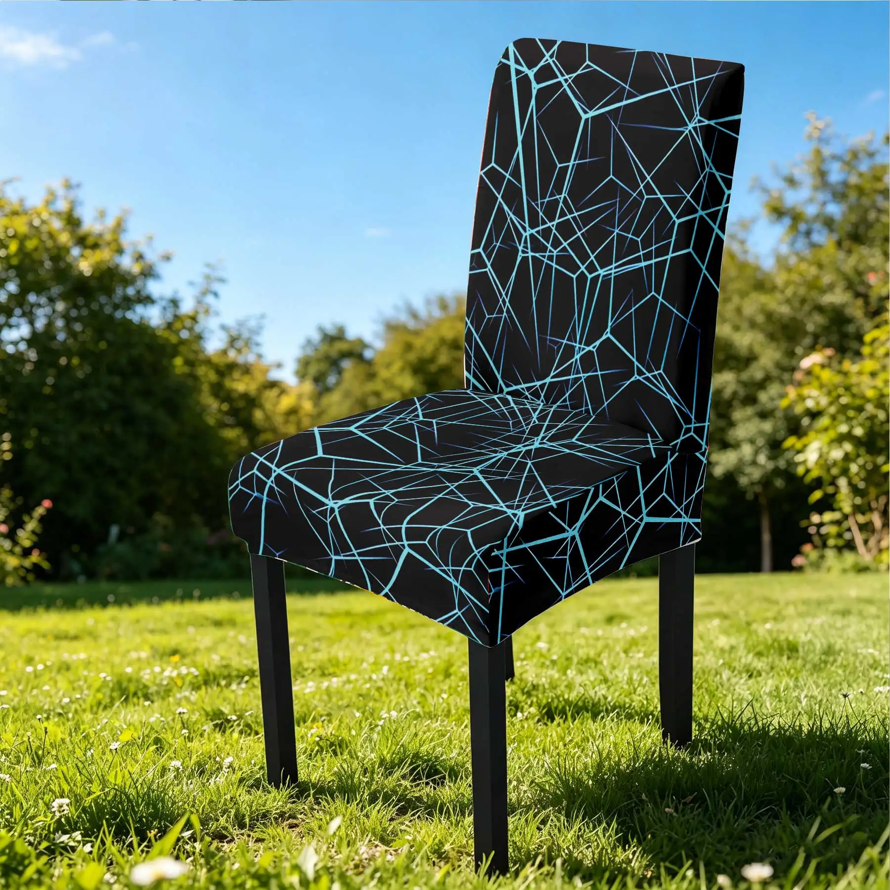 

2026 Summer Outdoor Stretch Chair Cover, Geometric Blue Line Print on Black, All - inclusive Elastic Chair S