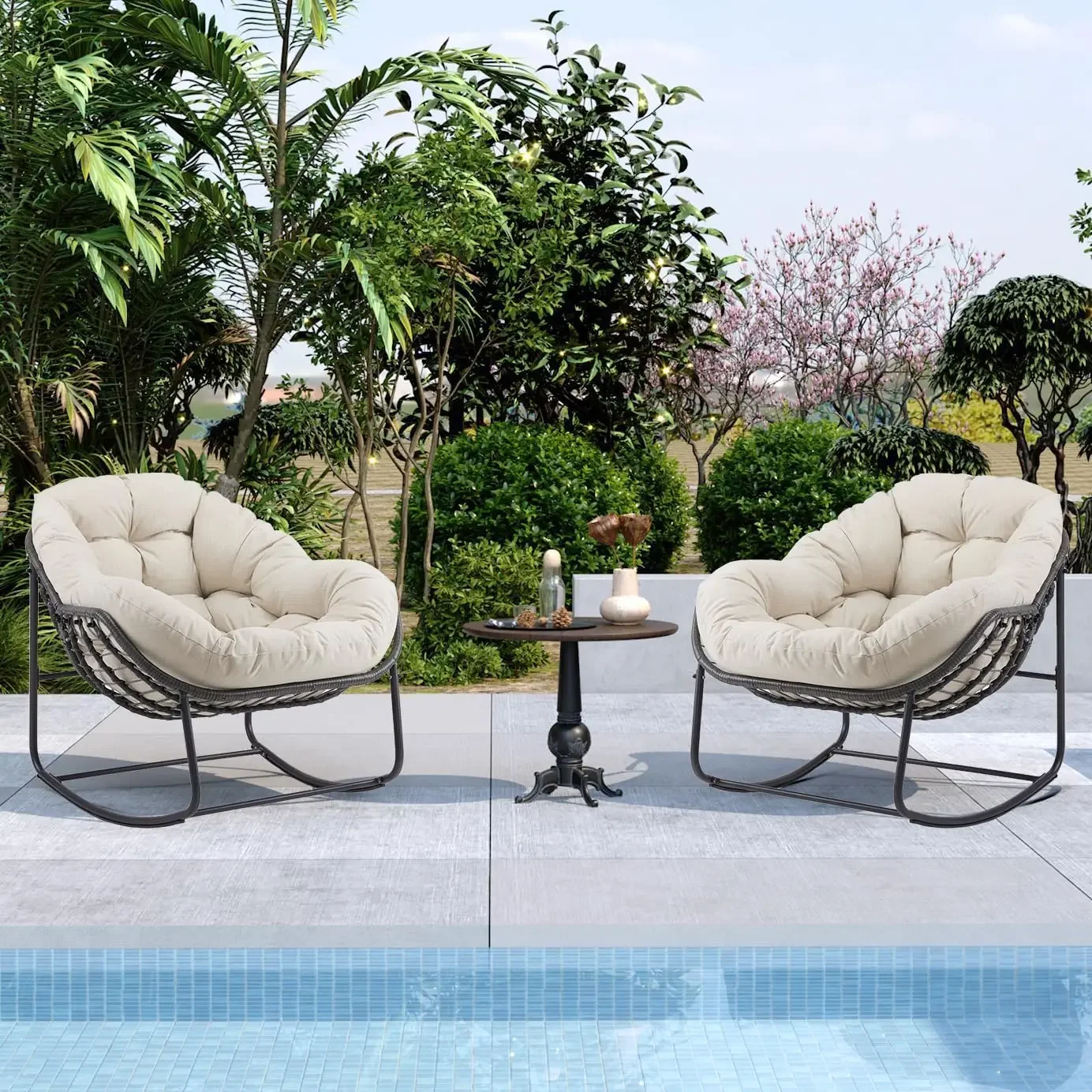 

Patio Rocking Chair with Cushion Indoor Outdoor Comfy Rocker Chair Oversized Rattan Egg-Shaped Lounge Chair