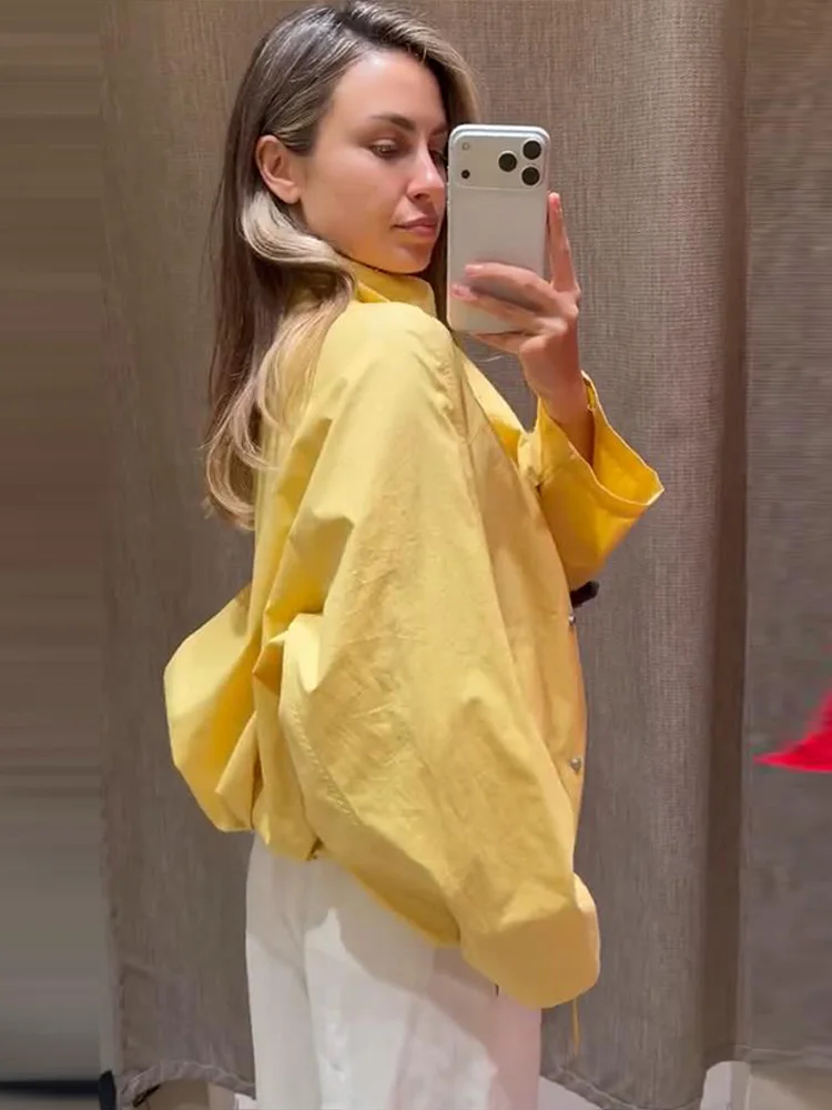 Stehkragen-Jacke mit Seitenverschluss und Kordelzug am Saum, Oversize-Jacke für Damen, Streetwear, Langarm, Einreihig, Lockerer Mantel, Neue Damen-Oberbekleidung – Detail 6