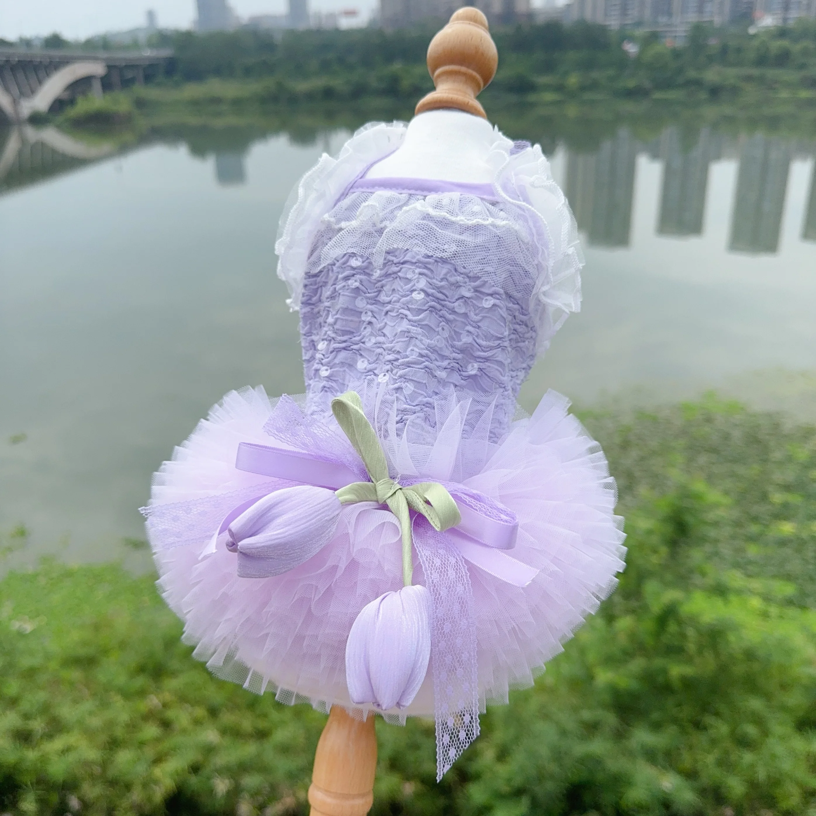 White Purple Pet Dog Clothes Summer Handmade Pompon Skirts Tulip Bow Party Princess Dress For Small Medium Dog Puppy Clothing