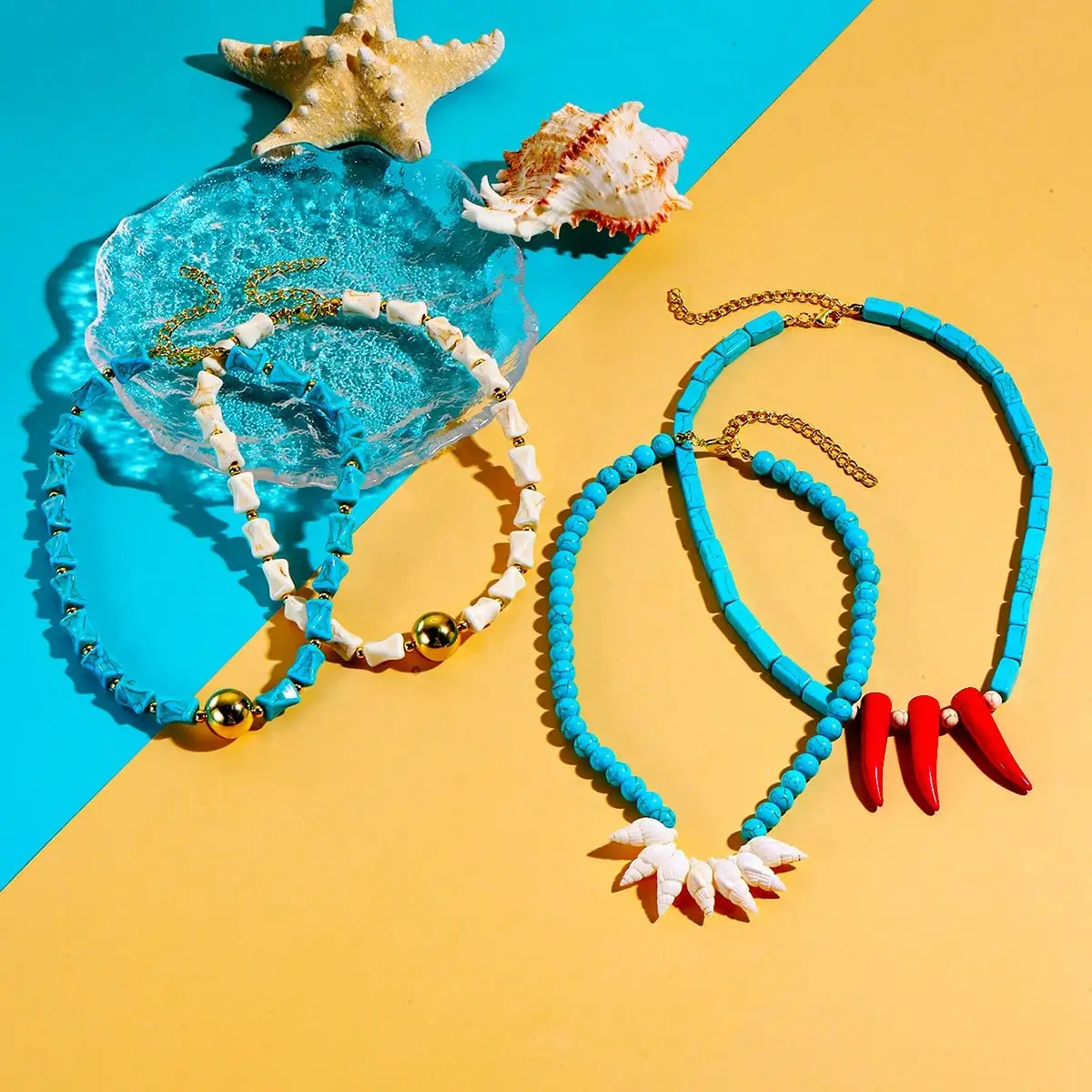 1 PCS Summer Ocean Jewelry Set – Starfish & Seashell Pendant Necklace with Turquoise Beads, Boho Beachy Layered Chain for Women