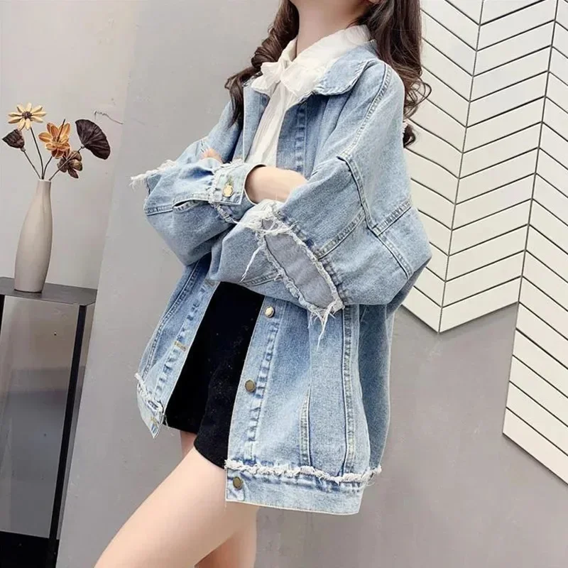 Fall Denim Wash FrayedCoat Women Long Slleve Jean Jacket 2023 New BF Style Casual Loose Denim Jackets Soild Oversize Outerwear