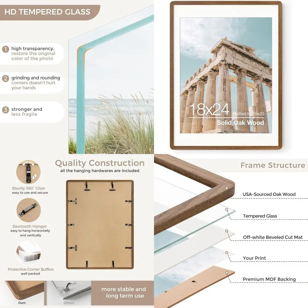 

Рамка для плаката из твердого ореха 18x24 с закаленным стеклом и комплектом для подвешивания коврика 16x20