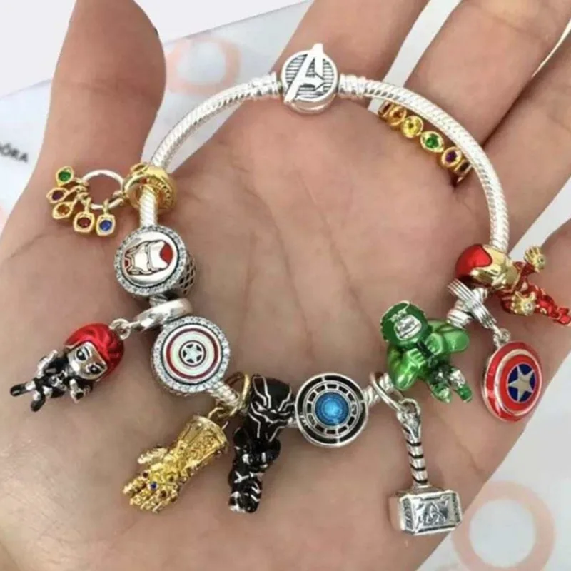 Disney Anime The Avengers Charms Bracelet Women Marvel Iron Man Bangle Thor Hulk Black Panther Superhero Beads For Bijoux Making