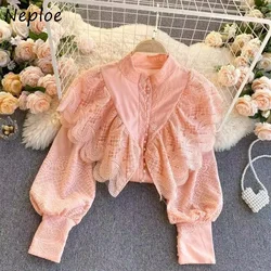 Neploe Vintage Heavy Slim Fit Ruffles Blouses 2024 New Sweet O-neck Lace Shirts Women Y2k Grunge Long Sleeve Blusas Mujer