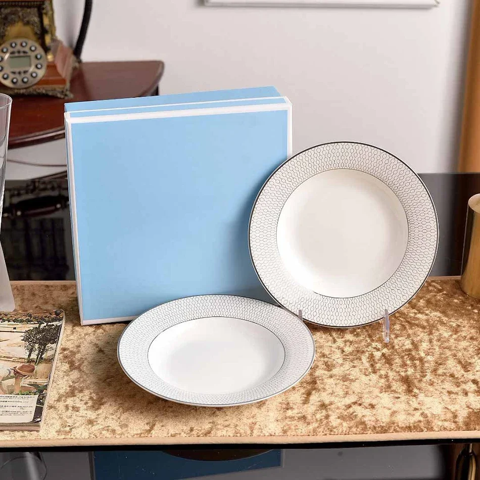 European Silvery Geometric High-end Household 8/10in Dining Plate Light Luxury Bone china Steak Western Plate Kitchen Utensils