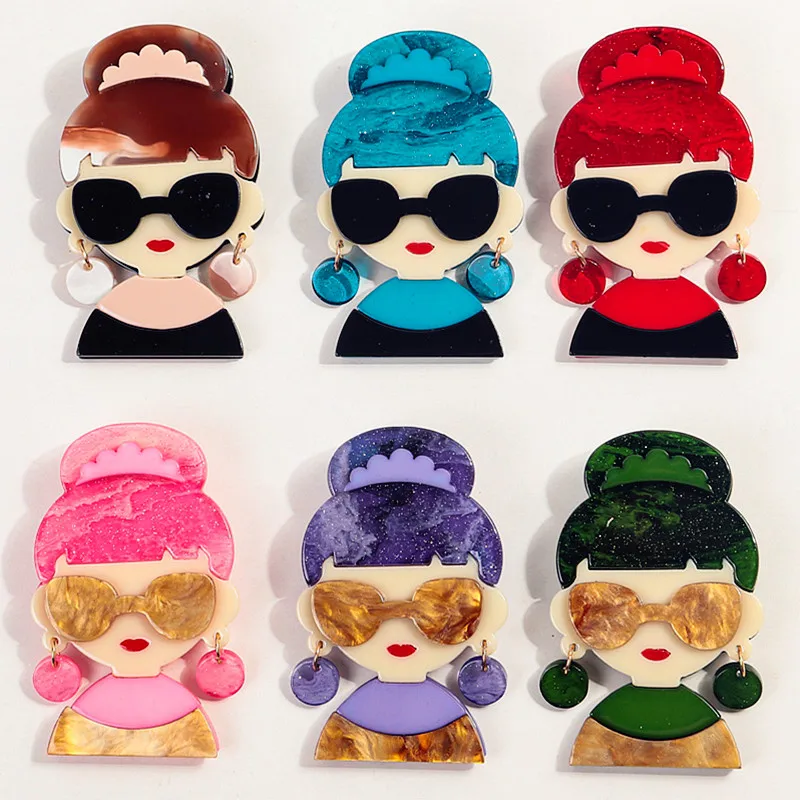 New 6-Color Cute Sunglasses Girl Acrylic Brooches for Women Aesthetic Cartoon Brooch Badge Lapel Pin Jewelry Cutsome Accessories