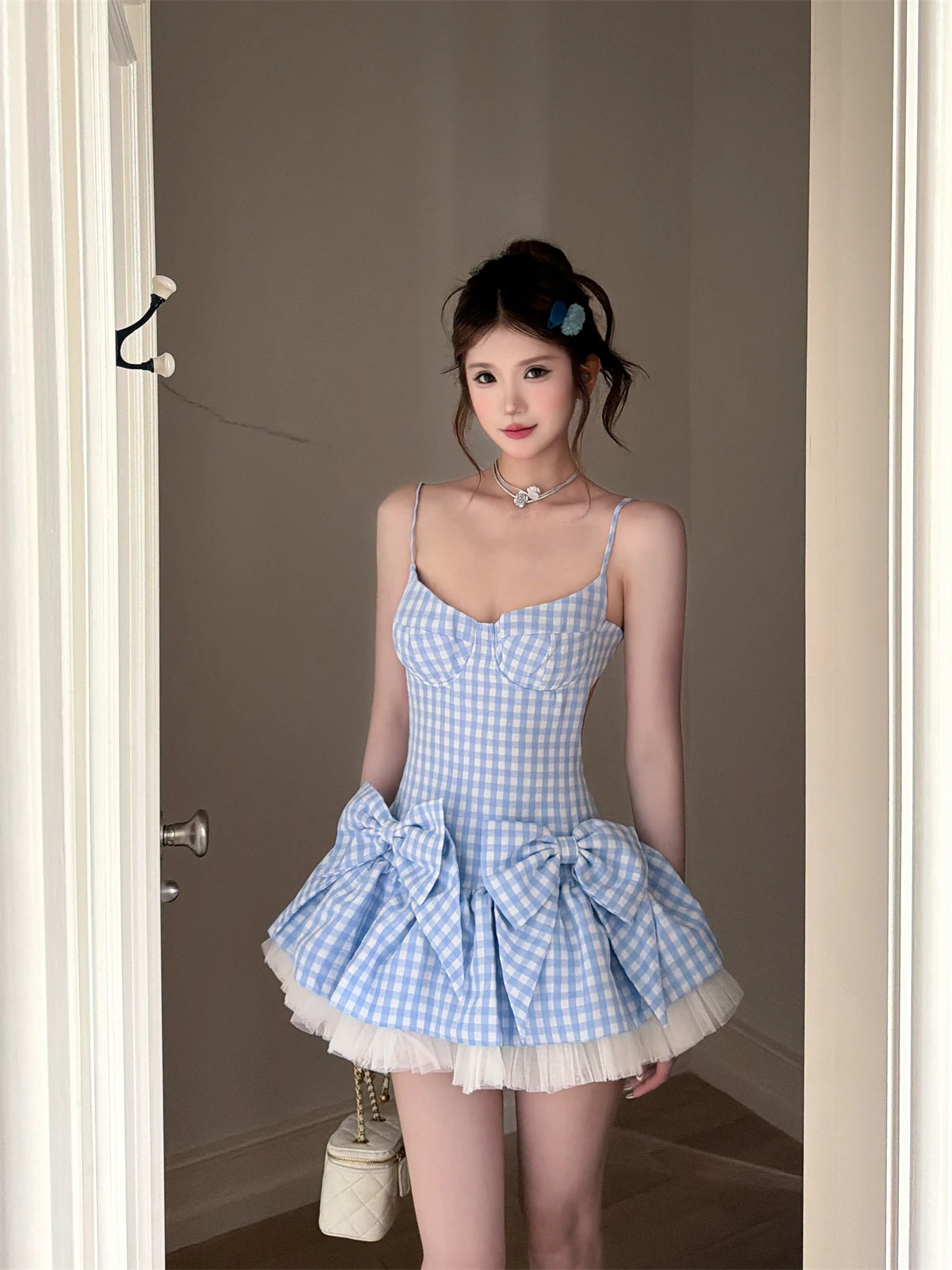 

Sweet Style Plaid Puffy Short Skirt Backless Strap Knot Gentle School Style Midi Dress for Young Women under 25