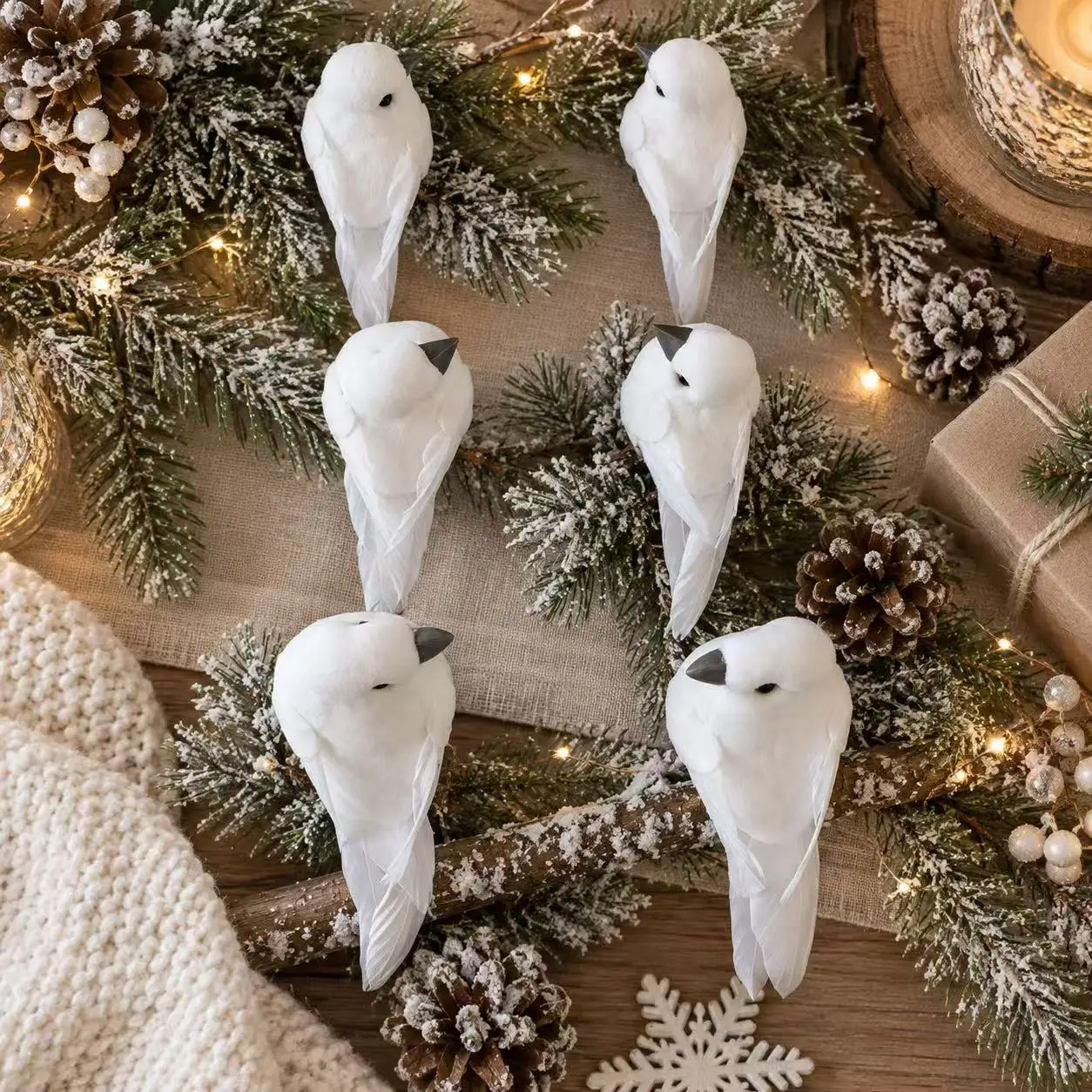 6PCS Artificial Dove Bird Ornaments White Feather Dove Figurines for Wedding Home Garden Tree Decor