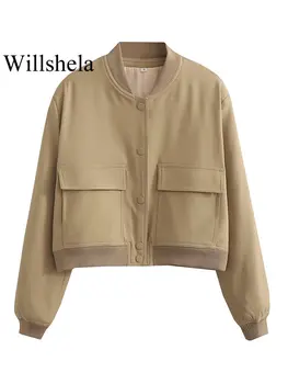 Willshela Women Fashion Solid Bomber Jackets Coat With Pockets V-Neck Single Breasted Long Sleeves Female Chic Lady Outfits 4