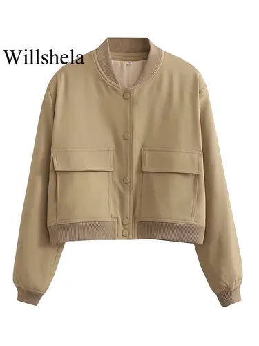 Imagen 2 del producto Willshela, cazadora lisa a la moda para mujer, abrigo con bolsillos, cuello en V, manga larga con una hilera de botones, trajes elegantes para mujer