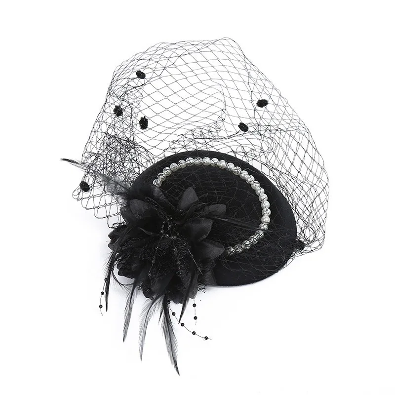 Retro Bride Hat Wedding Banquet Headwear Veil Fabric Flower Feather Headdress Hairpin Gauze Cover The Face image 3
