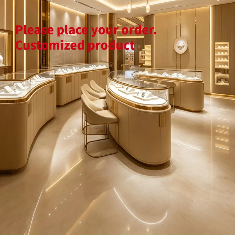 custom.Custom Whole Jewelry Store Furniture Solution Curved Island Showcase Wall Display Cabinet Champagne Gold LED Light