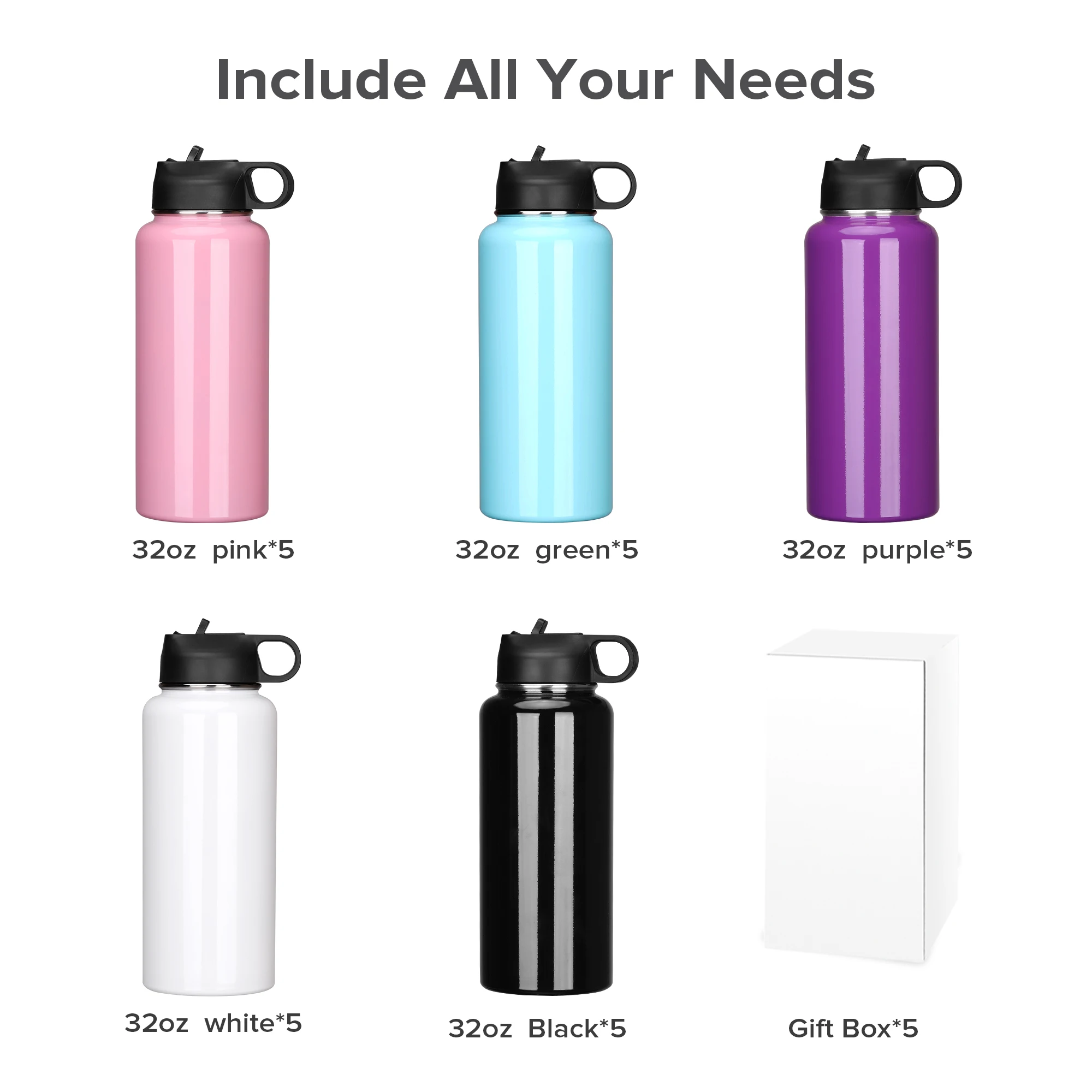 32OZ Powder Coated Sport tumbler-Straight & Large,Vacuum Insulated Water Bottle with handle Cover,Perfect for Engraving,25 Pack