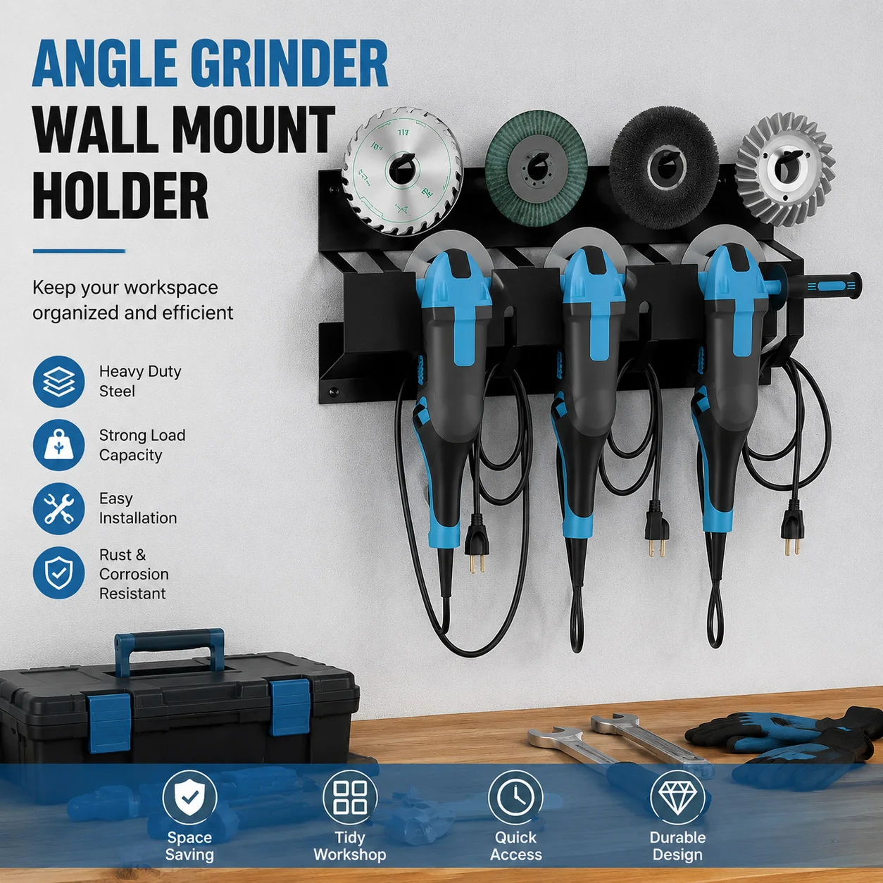 Angle Grinder Holder Wall Mount Storage Rack Bracket with Cord Hanger for Power Tools Cutters Polishers WorkshopGarage Organizer
