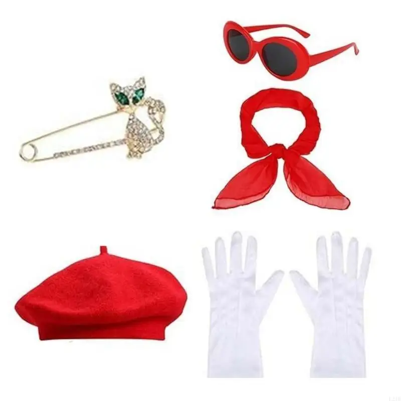 

L21E 1980s French Women Costume Accessories Scarf French Costume Set Oval Sunglasses