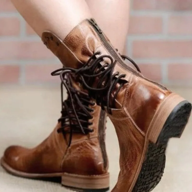 Women's Retro Ankle Boots 2026 New Fashion Riveted Pu Leather Shoes Lace-up Platform Motorcycle Ankle Boots Big Size 35-43 Mujer