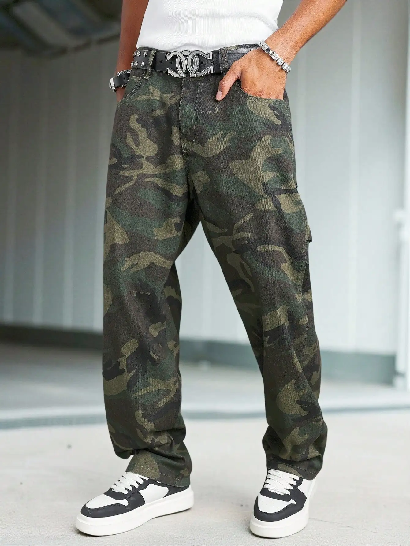 Men's American Vintage Camo Multi-Pocket Wide-Leg Cargo Pants, High Street Loose Straight Streetwear Cargo Trousers