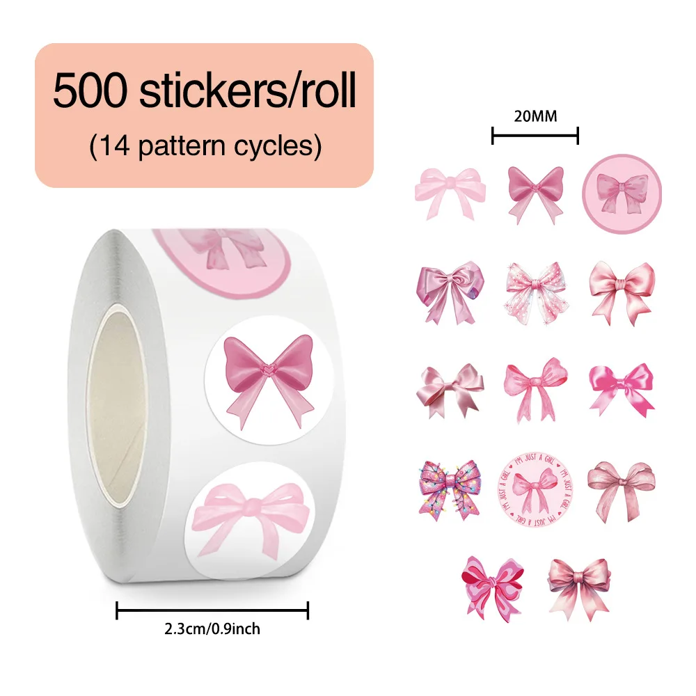 500 Pieces of Pink Delicate Bow-Style Decorative Sticker Rolls, Gentle Pink Bow Decorative Stickers, Journal and Envelope Sealing Stickers, 2.3cm Pink Bow Waterproof Stickers, Journal and Water Bottle Decorative Sticker Rolls