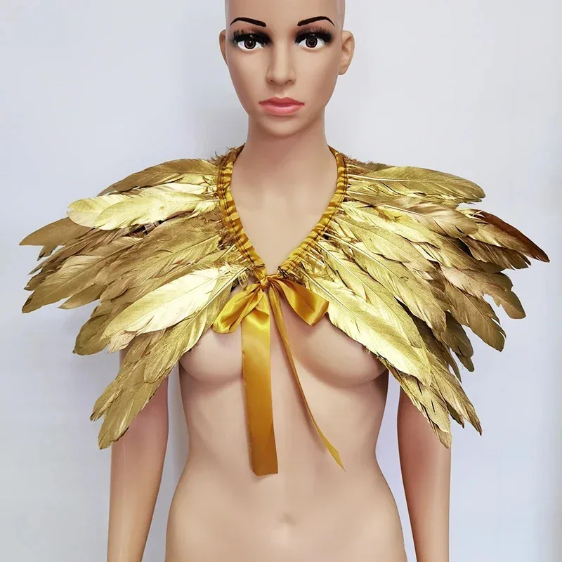 2026 Gothic Victorian Shrug Shawls Golden Fake Collar Goose Feather Shoulder Wrap Cape Ribbon Trims Cosplay Part