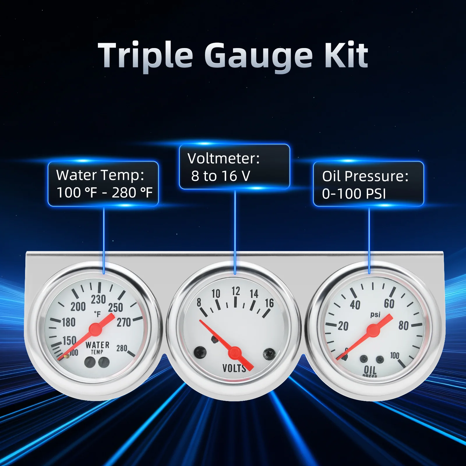 Truck Meter Set Drievoudige Meter 52 Mm Voor Auto - Voltmeter, Watertemperatuur En Oliedruk In één (zwart, 12V) Auto Meters 12V Zwart