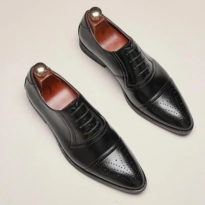 Boys Brogue Leather Shoes Men's Formal Wear Business Sense Dress Shoes Casual Suit Height Increasing Wedding