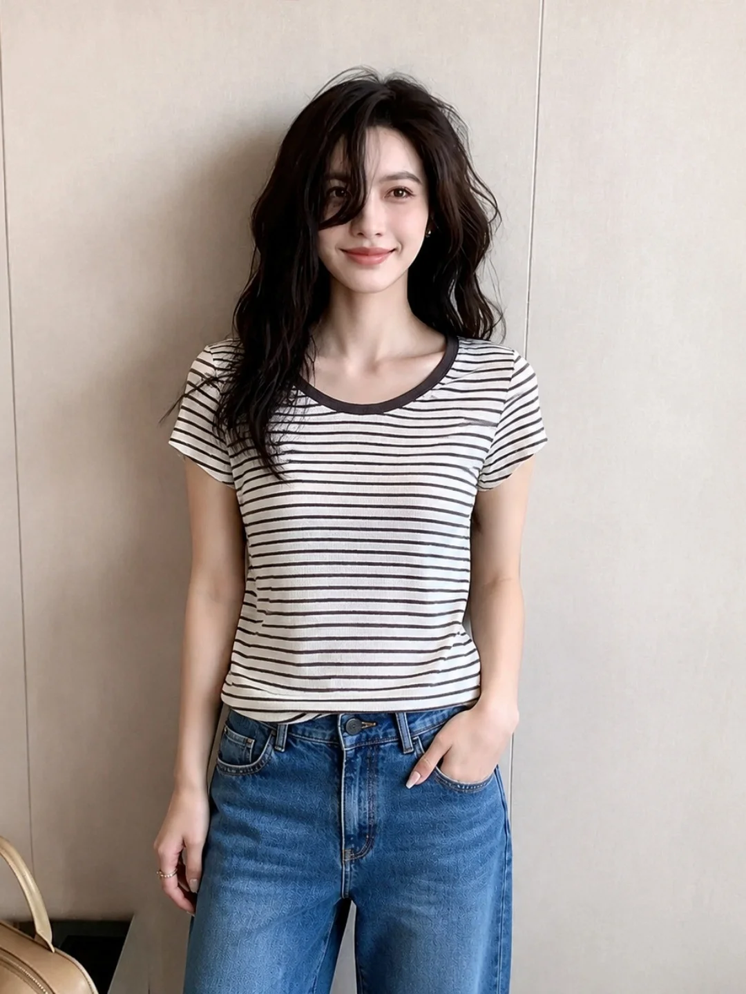 

Slim Fit Striped Short Sleeve T-Shirt Women's Fashion Design Korean Style Summer Casual Top Color Block Trendy Design