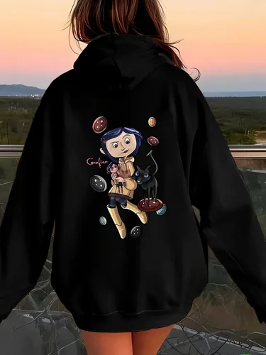 Imagen 1 del producto Sudadera con capucha con estampado de personajes de dibujos animados con temática Coraline para mujer, moda informal, sudadera de hip hop, Harajuku, Unisex