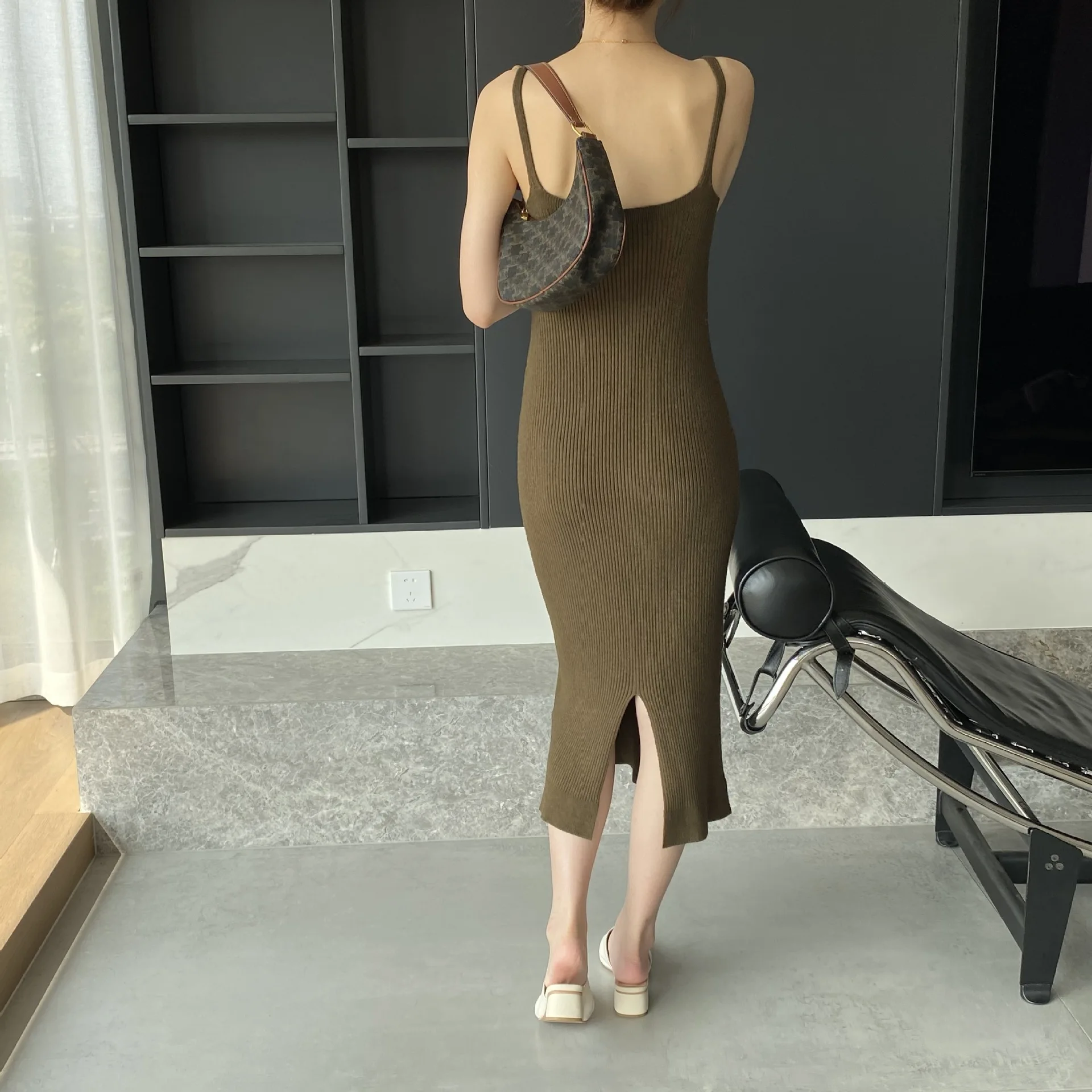 2024 Women Sexy V-Neck Sleeveless Long Dress Solid Color Knitted Material High Stretch   Bodycon Long Sweater Dress Vestidos