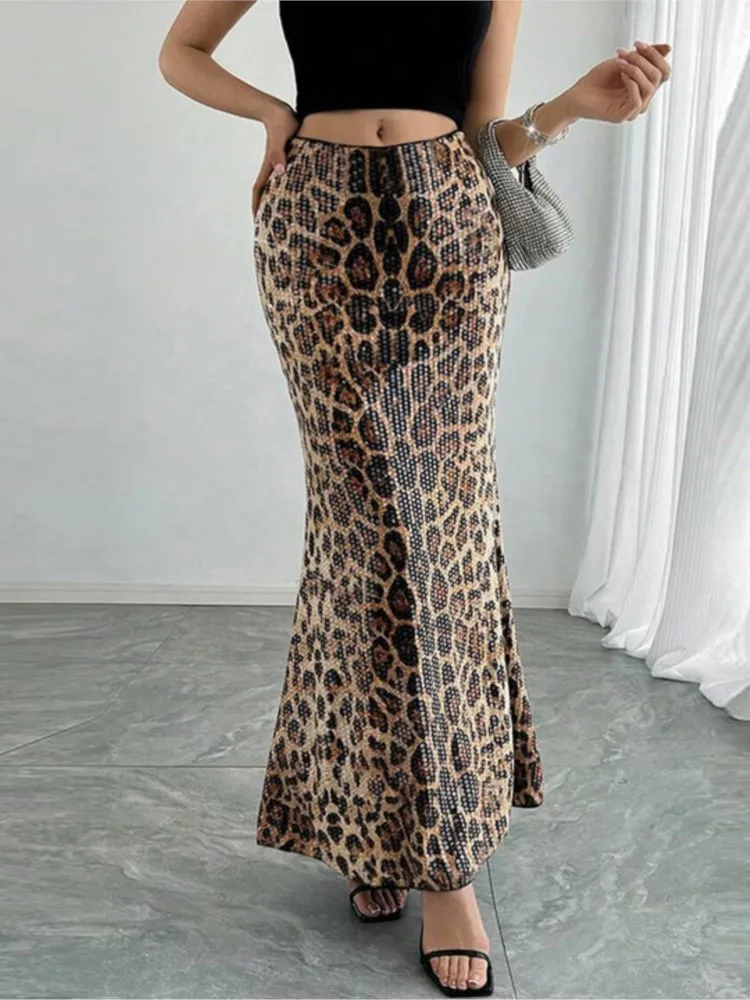 Nuova gonna con stampa leopardata per donna Primavera Estate Moda Versatile elegante patchwork di perline Abito lungo Abiti streetwear Donna