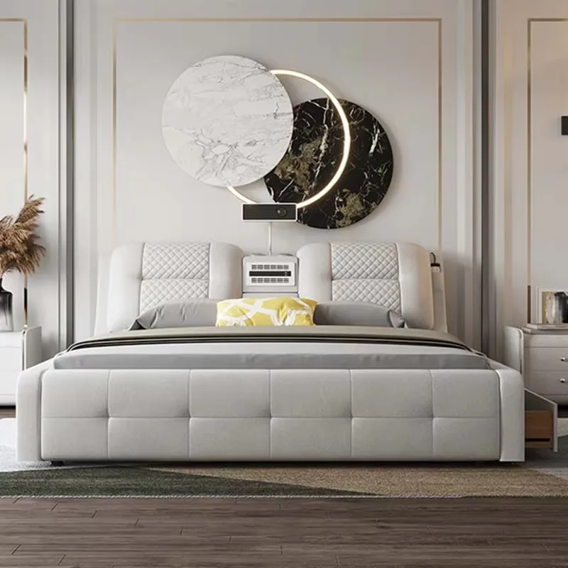 

Wood Storage Simple Bed Projector Usb Charge Modern Massage Bed Bedroom Comferter Lit Intelligent Multifonctions Furniture Home