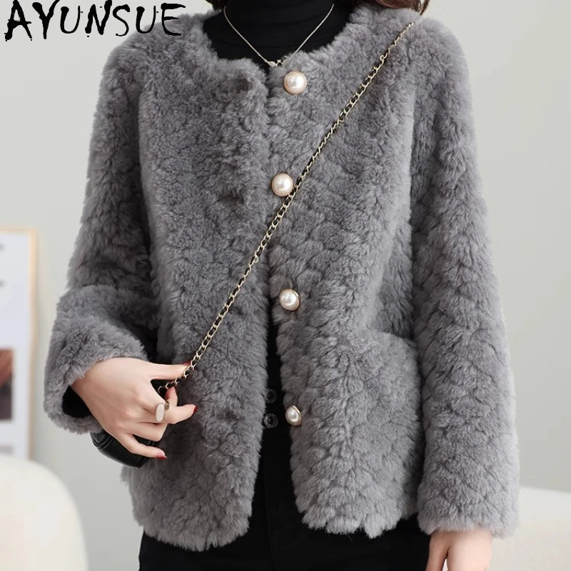 

AYUNSUE 100% Wool Coat Women 2025 Real Sheep Shearling Jacket Autumn Winter Clothing Female Fashion Composite Fur Пальто Женское