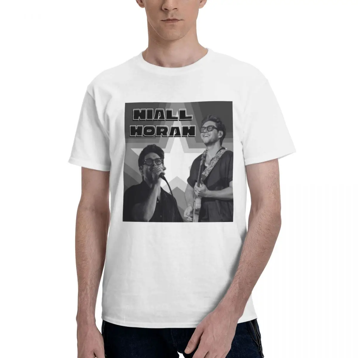 Черно-белая мужская футболка Niall Horan со звездами, винтажные футболки с коротким рукавом и круглым вырезом, оригинальные топы из 100% хлопка Черно-белая мужская футболка Niall Horan со звездами, винтажные футболки с коротким рукавом и круглым вырезом, оригинальные топы из 100% хлопка