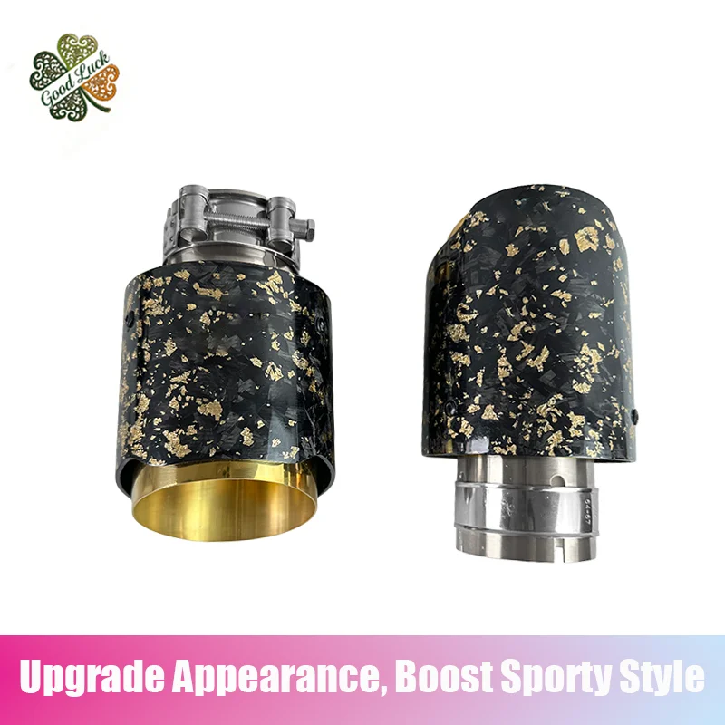 1pc Carbon Fiber Stainless Steel Car Exhaust Pipe Tail Pipe Decorative Muffler with Gold Foil Satin Finish Car Tip Universal Acc