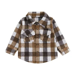 Little Boy Checkered Jacket Chest Pocket Lapel Neck Long Sleeve Front Button-up Fall Shirt