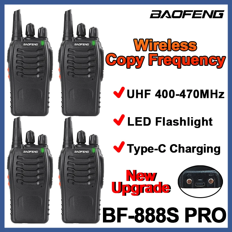 2/4PCS Baofeng BF-888S Pro Walkie Talkie Wireless Copy Frequency Type-C Charging UHF Long Range Ham 2Way Radio For Camping Hotel