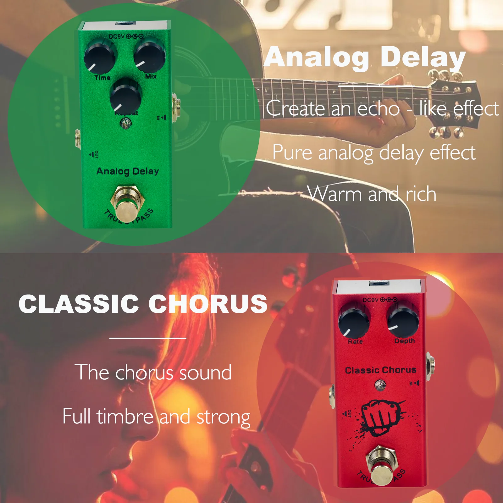 دواسة تأثير الجيتار الكهربائي الصغير Overdrive/Distortion Crunch/US Dream/Chorus/مرحلة عتيقة/تأخير رقمي/تريمولو