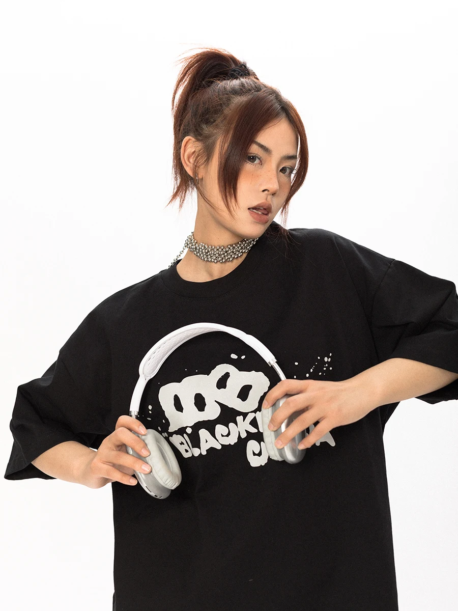 Blackbb Original Apocalyptic Style Heavyweight 280g American Graffiti Letter Print T-Shirt Women Loose round Neck Short Sleeve
