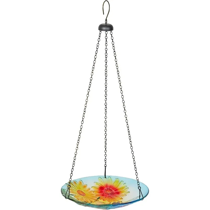 KBD126 Outdoor Hanging Glass Bird Feeder and Birdbath, Floral and Bee Birdbath Bowl with Chain, 10